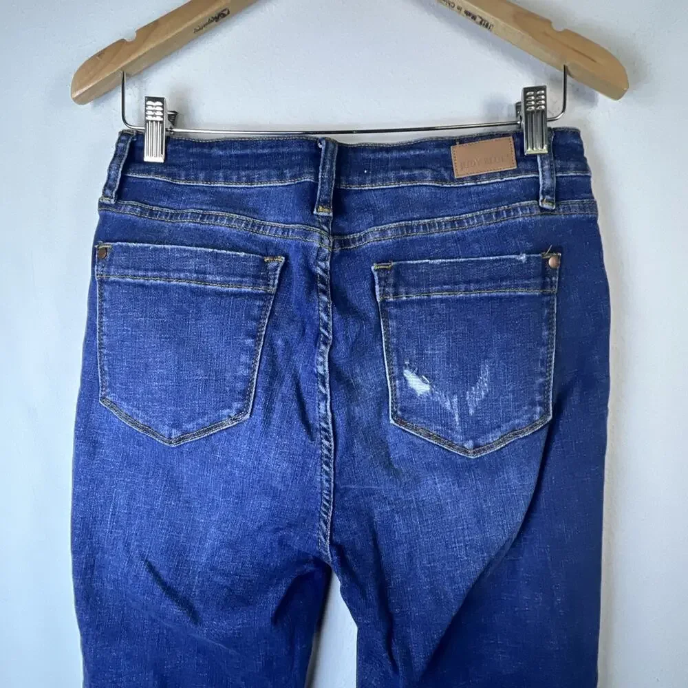 Judy Blue Skinny Fit Size 9 / 29 Button Fly Front Pocket Blue Jeans distressed - Picture 7 of 12